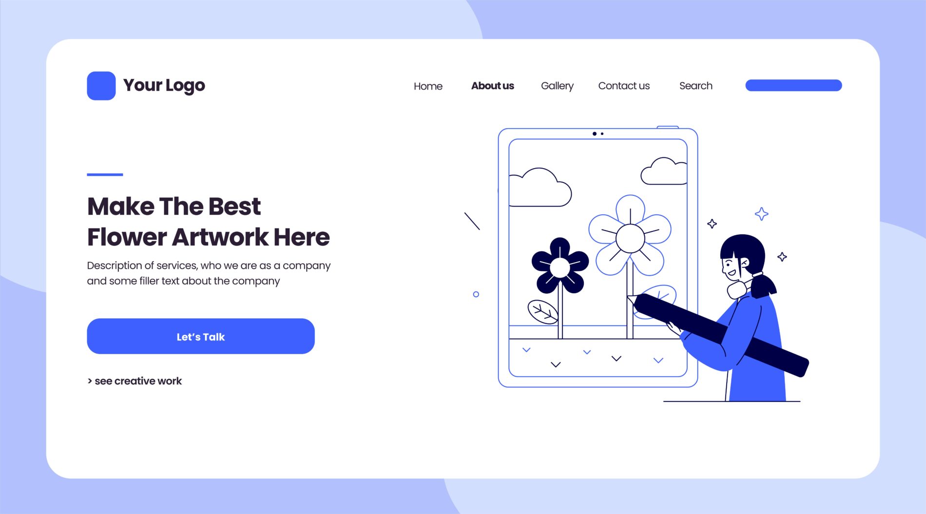 girl learning to draw flowers for landingpage. girl holding a flower painting brush